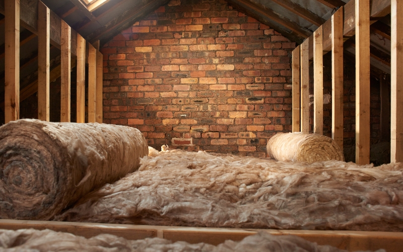 Loft insulation rolls placed between joists